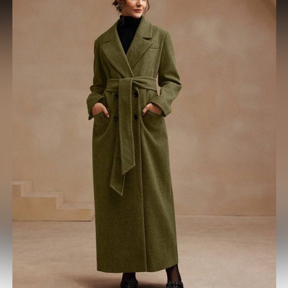 Luxury Long Pea Coat Belted Jacket Olive Green - Picture 6 of 8